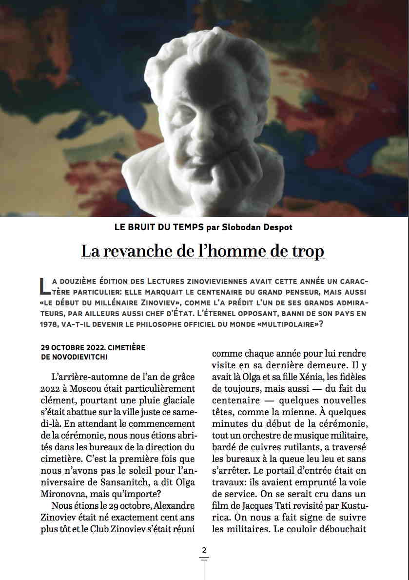 Première page. Antipresse, Le bruit du temps № 364 - 20.11.2022 - pp. 2-7. La revanche de l|homme de trop, par Slobodan Despot. 2022-11-20